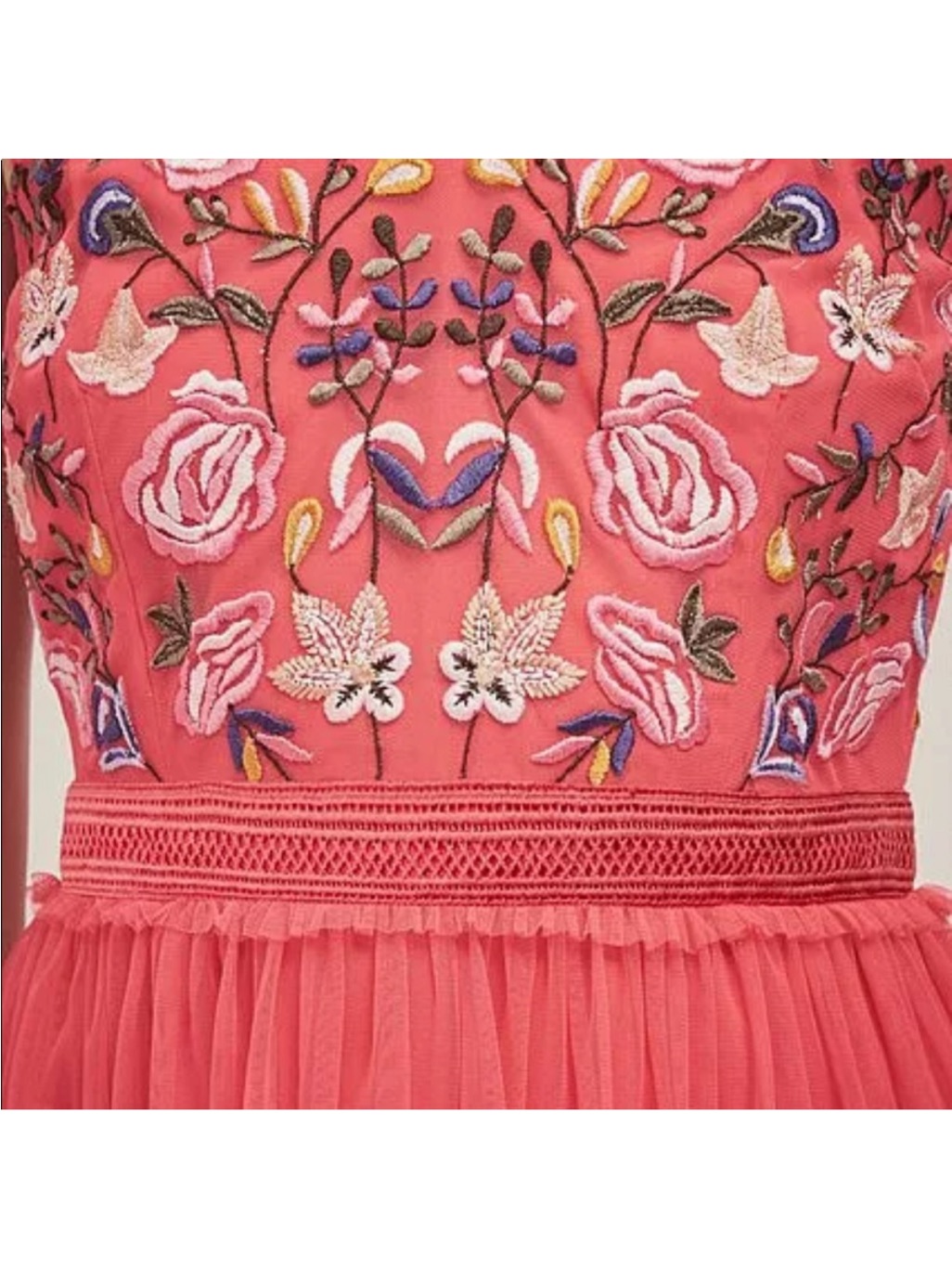 French Connection Genoa Dress Us 6 New Floral Embroidered Tulle Mini Midi Coral — image 2 of 8